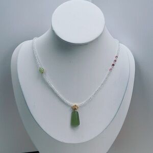 Delicate Green Jade Drop Necklace with Clear Beads